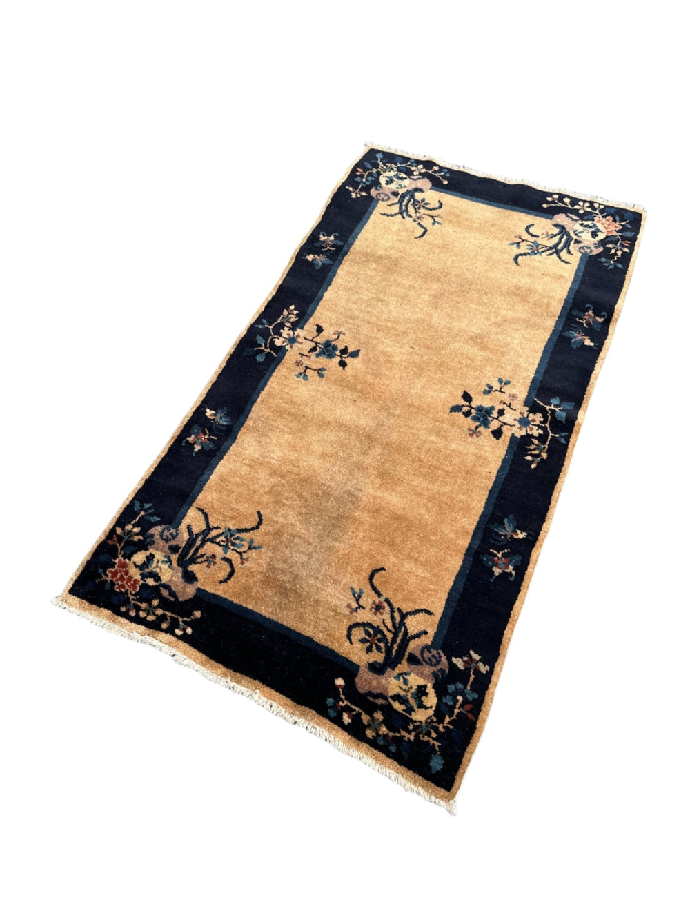 3'x5' Small & and Navy Blue Floral Chinese Art Deco Rug