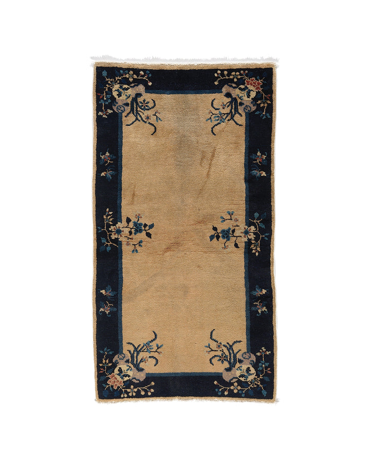 3x5 small tan and navy blue floral Chinese Art Deco hand knotted wool rug by Ariana Rugs