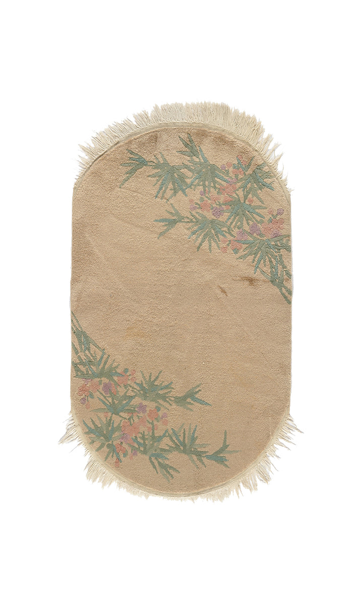 3'x5' Small Oval Beige Floral Chinese Art Deco Rug