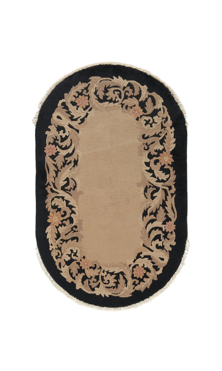 3'x5' Small Oval Black and Beige Chinese Art Deco Rug