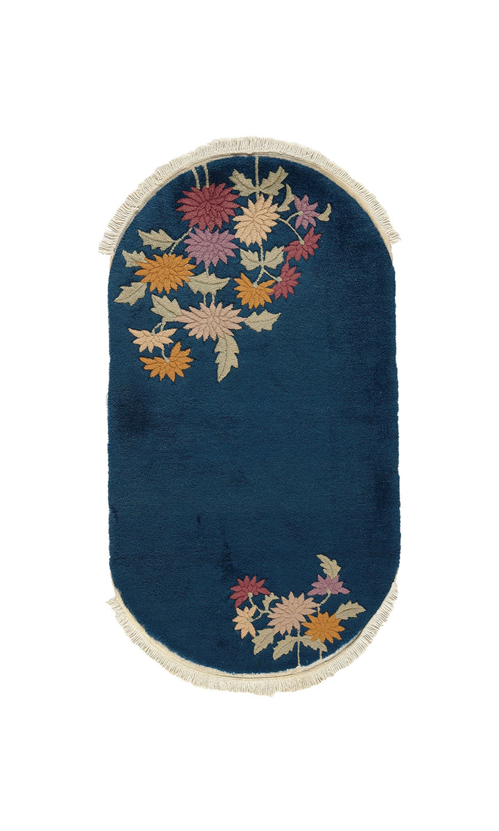 3'x5' Small Oval Blue Floral Chinese Art Deco Rug-
