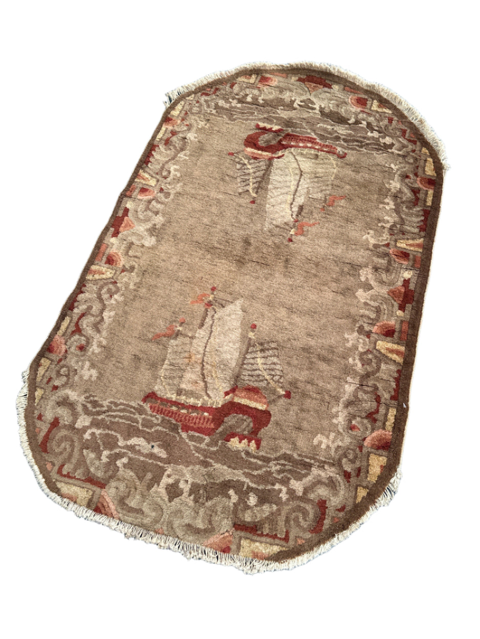 3'x5' Small Oval Brown Boat Pictorial Art Deco Wool Rug