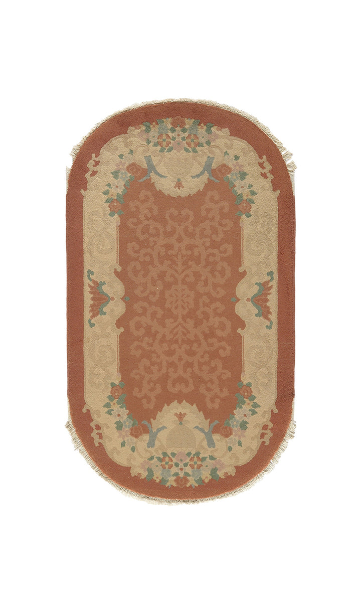 3'x5' Small Beige Tan & Green Floral Chinese Art Deco Rug