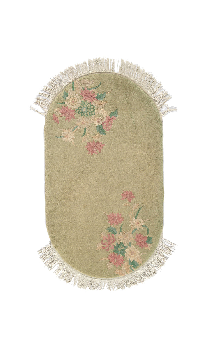 3'x5' Small Oval Light Green Floral Chinese Art Deco Rug