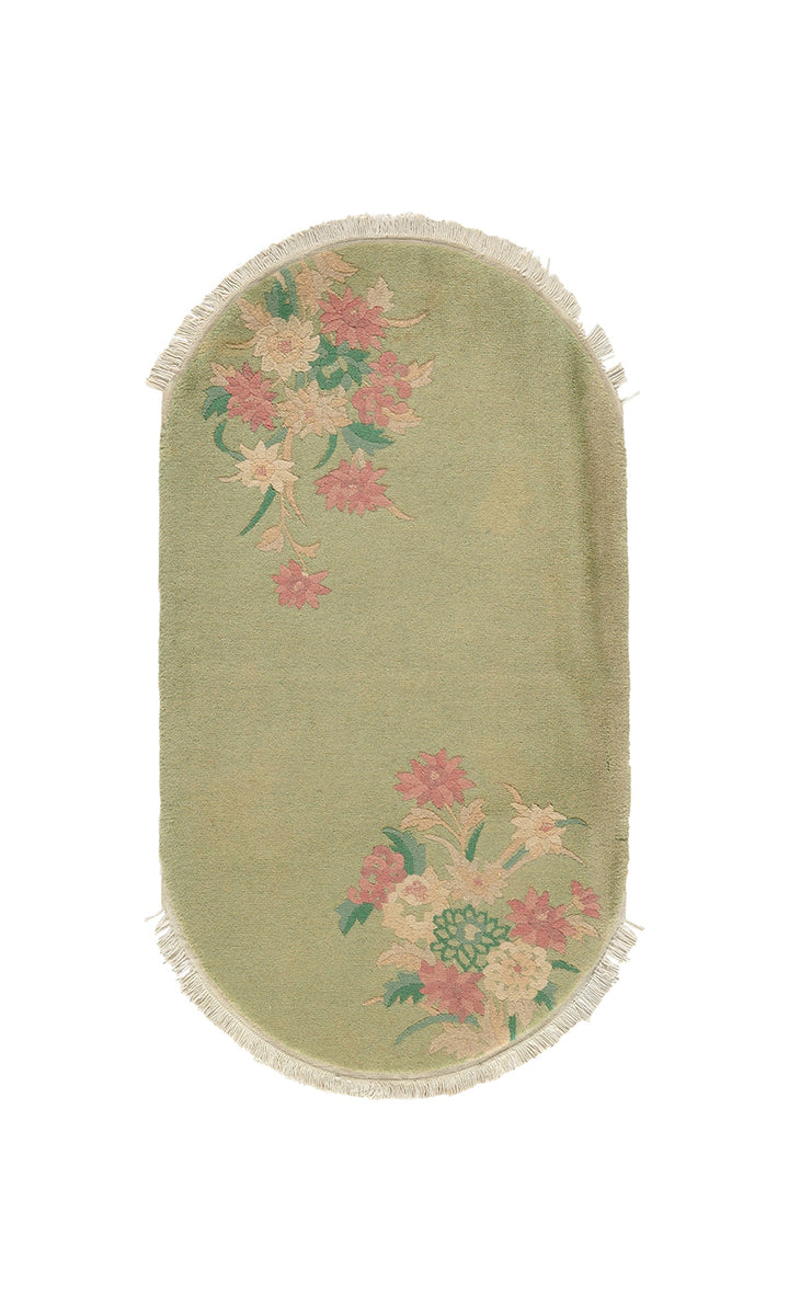 3'x5' Small Oval Light Green Vintage Chinese Art Deco Rug