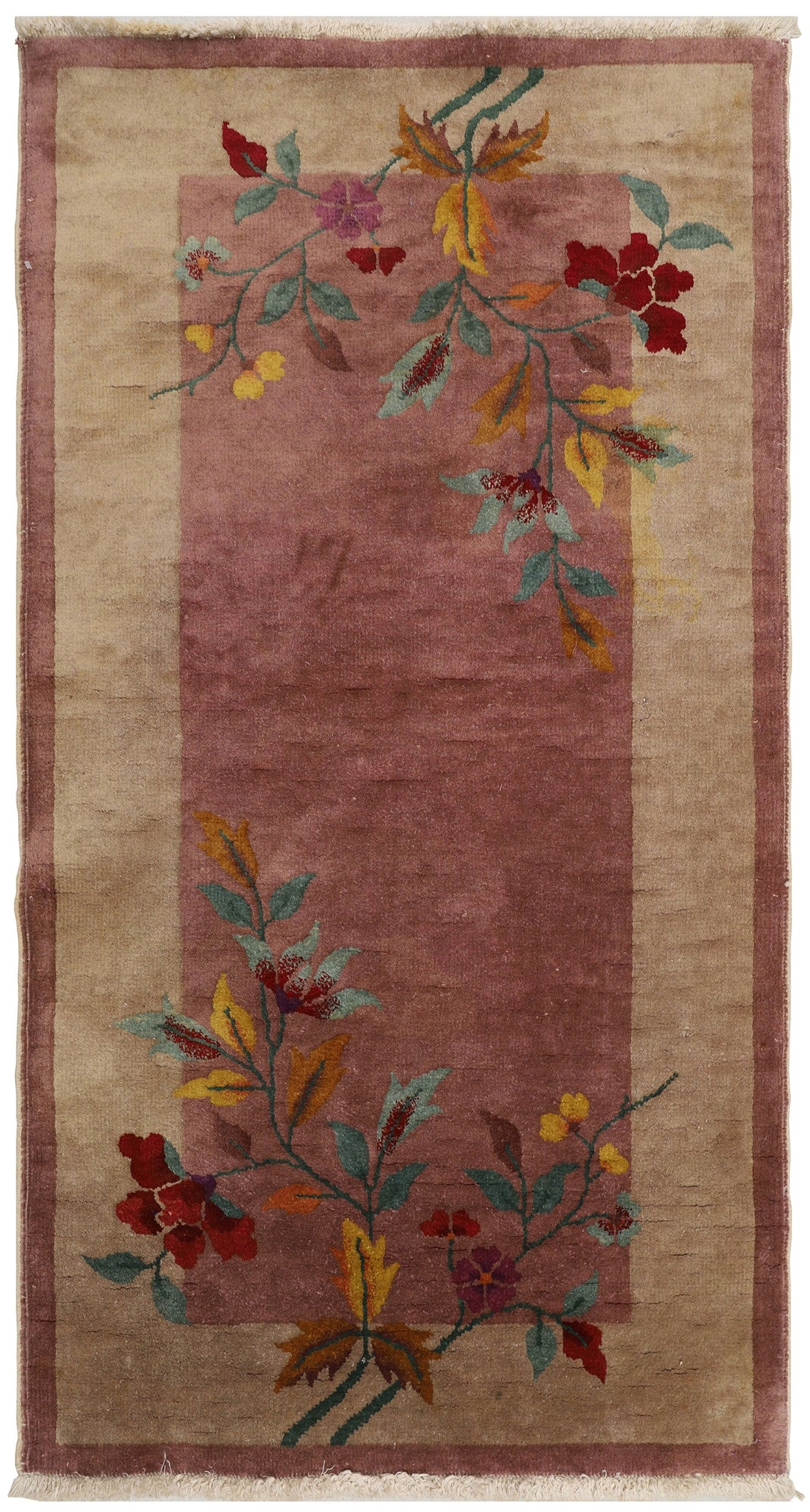 Small Vintage Rug | Floral Chinese Art Deco Wool Rug