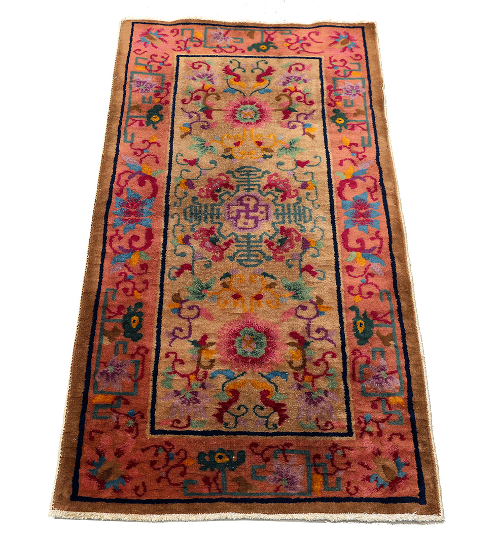 3'x5' Vintage Chinese Art Deco Floral Rug | Hand-Knotted Wool