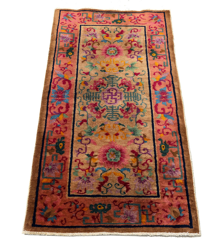 3'x5' Vintage Chinese Art Deco Floral Rug | Hand-Knotted Wool