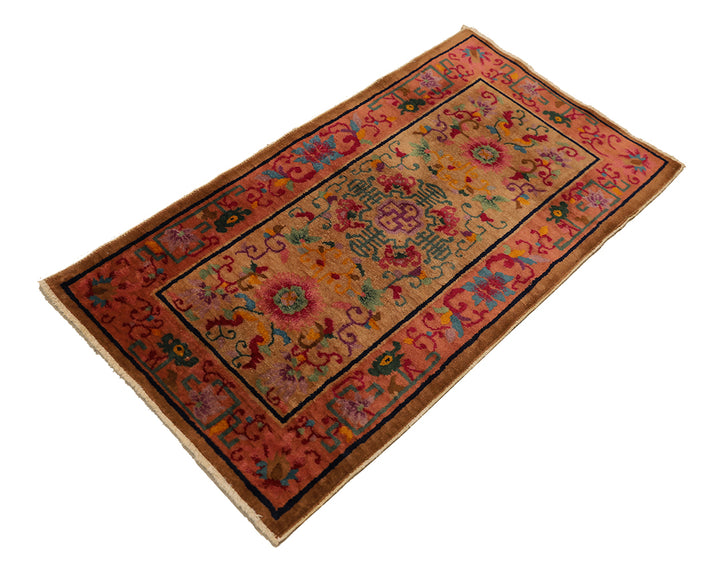 3'x5' Vintage Chinese Art Deco Floral Rug | Hand-Knotted Wool