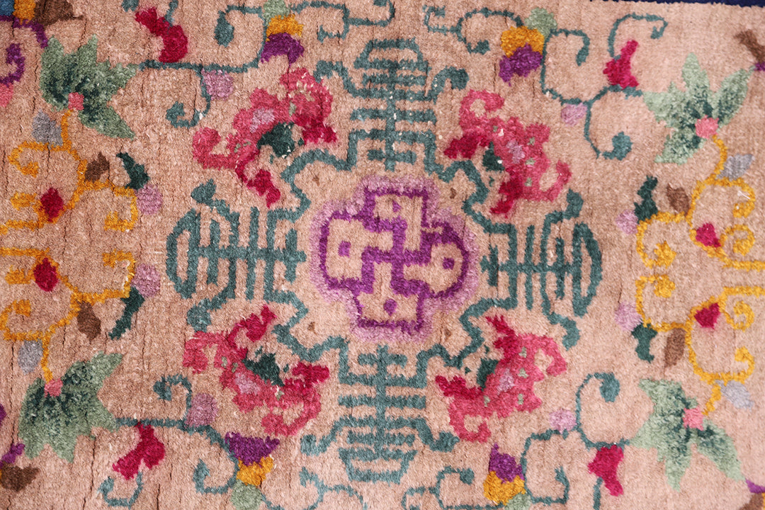 3'x5' Vintage Chinese Art Deco Floral Rug | Hand-Knotted Wool