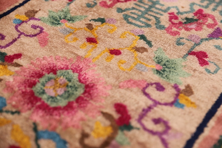 3'x5' Vintage Chinese Art Deco Floral Rug | Hand-Knotted Wool
