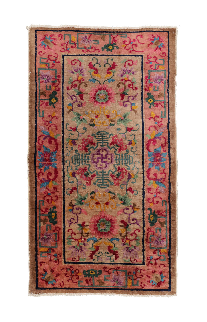 3'x5' Vintage Chinese Art Deco Floral Rug | Hand-Knotted Wool