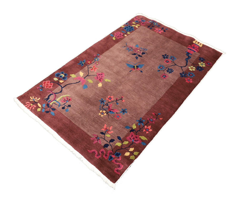 3'x5' Vintage Chinese Art Deco Rug | Dark Brown Floral Rug