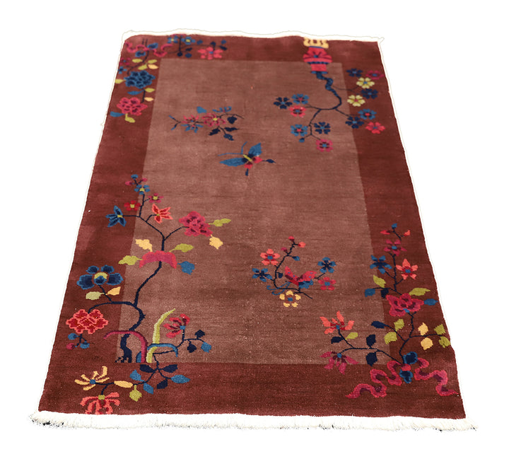 3'x5' Vintage Chinese Art Deco Rug | Dark Brown Floral Rug