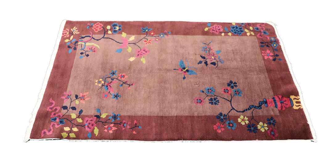 3'x5' Vintage Chinese Art Deco Rug | Dark Brown Floral Rug