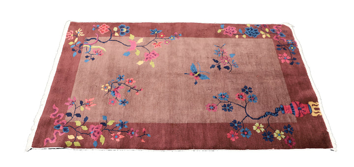 3'x5' Vintage Chinese Art Deco Rug | Dark Brown Floral Rug