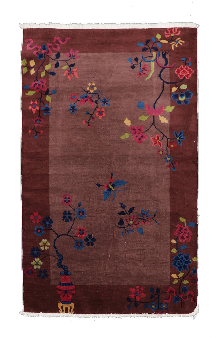3'x5' Vintage Chinese Art Deco Rug | Dark Brown Floral Rug