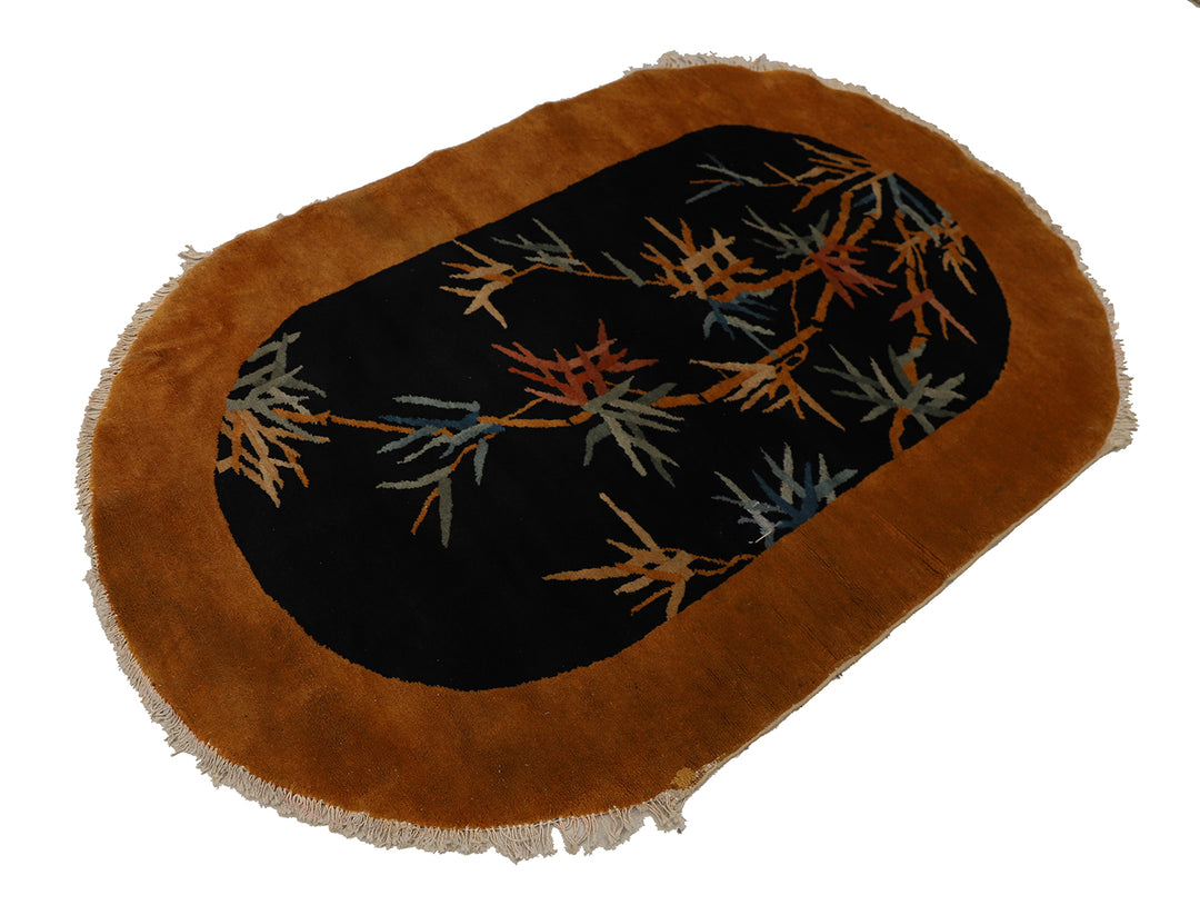 3'x5' Vintage Chinese Art Deco Rug | Navy & Gold Area Rug