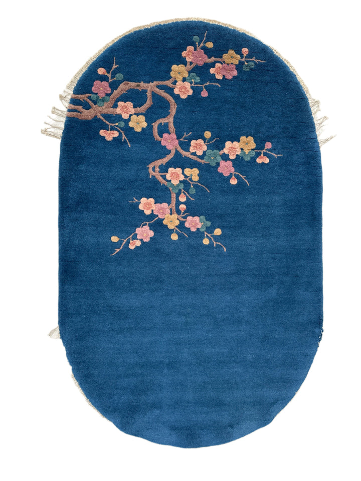 3'x5' Vintage Chinese Art Deco Rug | Oval Blue Floral Rug