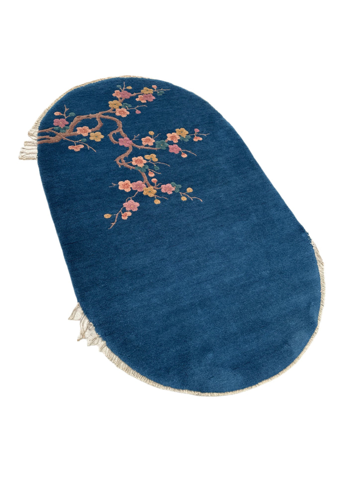 3'x5' Vintage Chinese Art Deco Rug | Oval Blue Floral Rug