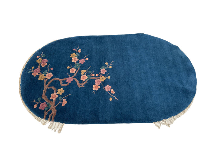 3'x5' Vintage Chinese Art Deco Rug | Oval Blue Floral Rug