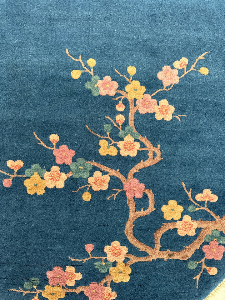 3'x5' Vintage Chinese Art Deco Rug | Oval Blue Floral Rug