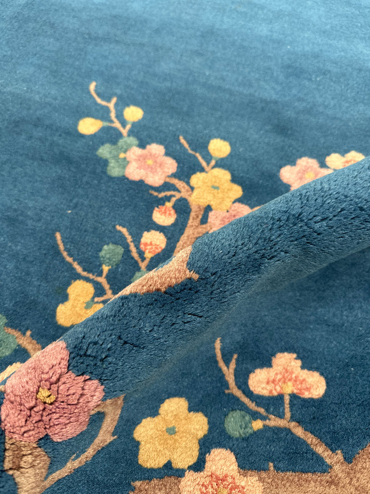 3'x5' Vintage Chinese Art Deco Rug | Oval Blue Floral Rug