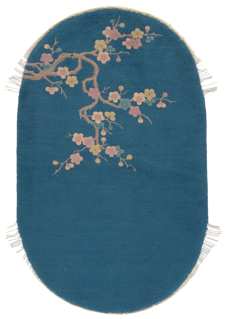 3'x5' Vintage Chinese Art Deco Rug | Oval Blue Floral Rug