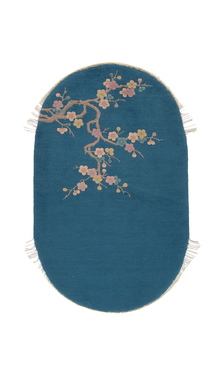 3'x5' Vintage Chinese Art Deco Rug | Oval Blue Floral Rug