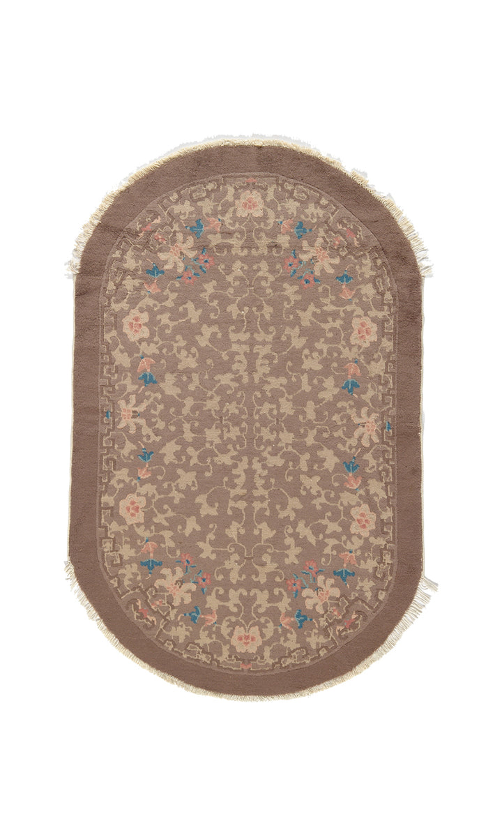 3'x5' Vintage Chinese Art Deco rug | Oval Brown Floral Area Rug
