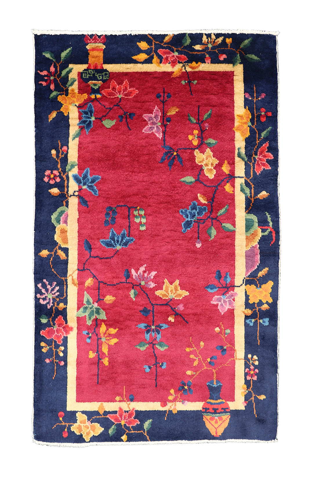 3'x5' Vintage Chinese Art Deco Rug | Red & Navy Blue Floral Rug