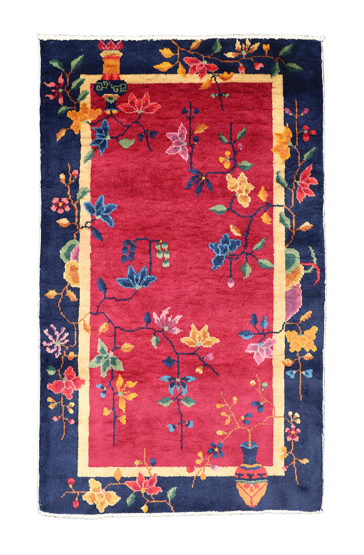 3'x5' Vintage Chinese Art Deco Rug | Red & Navy Blue Floral Rug