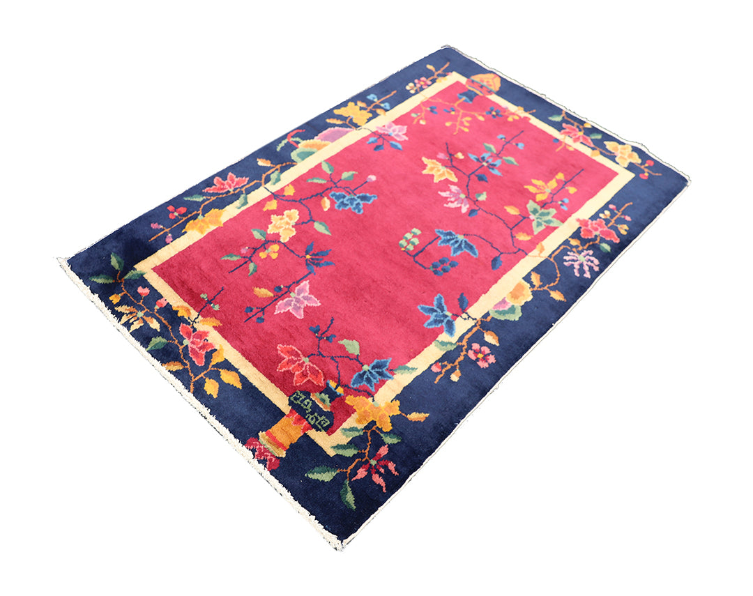 3'x5' Vintage Chinese Art Deco Rug | Red & Navy Blue Floral Rug