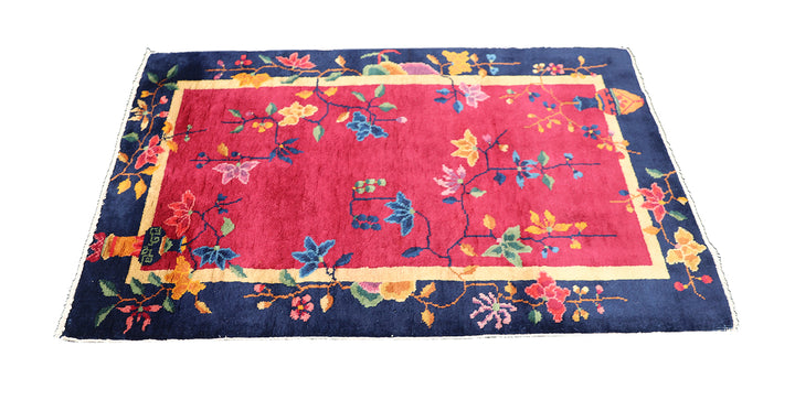 3'x5' Vintage Chinese Art Deco Rug | Red & Navy Blue Floral Rug