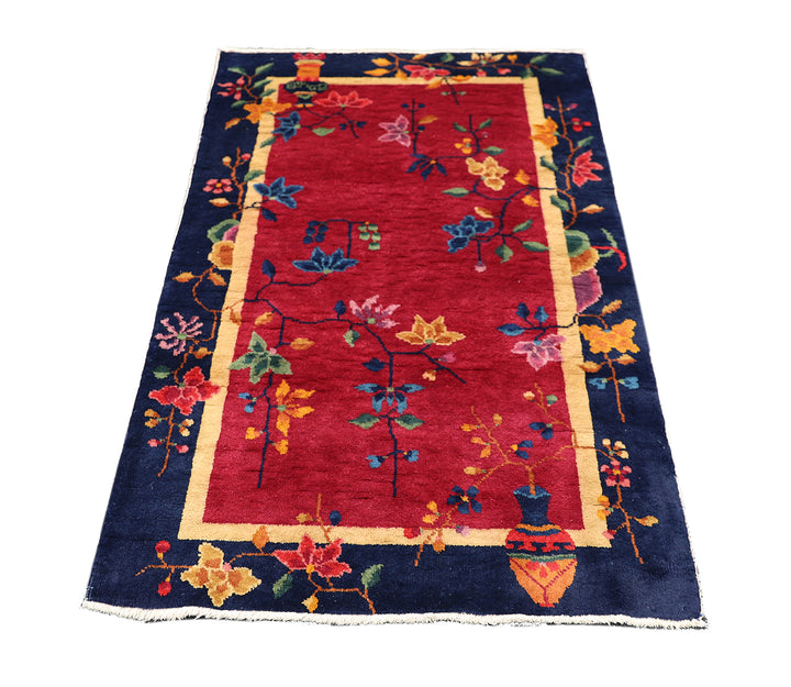 3'x5' Vintage Chinese Art Deco Rug | Red & Navy Blue Floral Rug