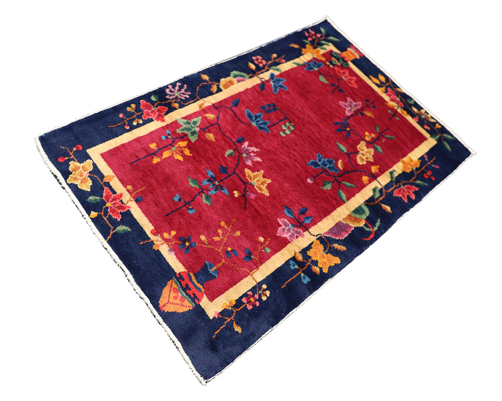 3'x5' Vintage Chinese Art Deco Rug | Red & Navy Blue Floral Rug