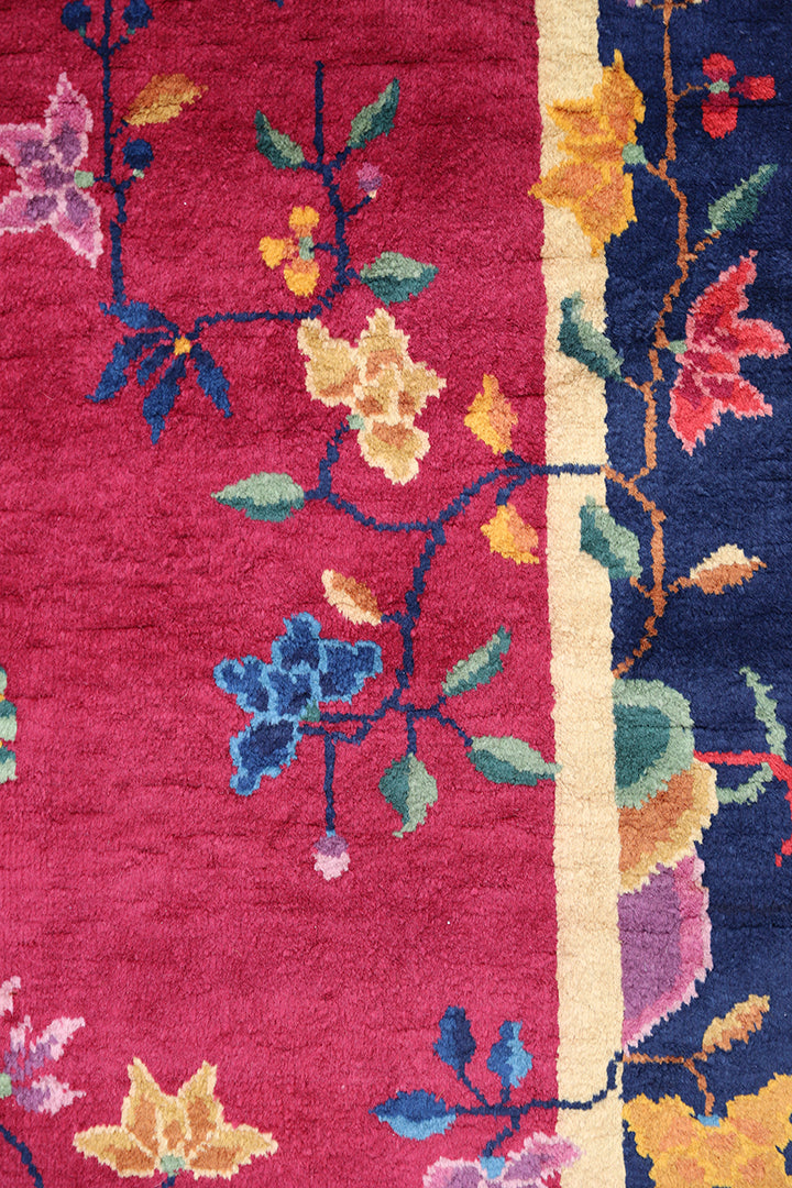 3'x5' Vintage Chinese Art Deco Rug | Red & Navy Blue Floral Rug