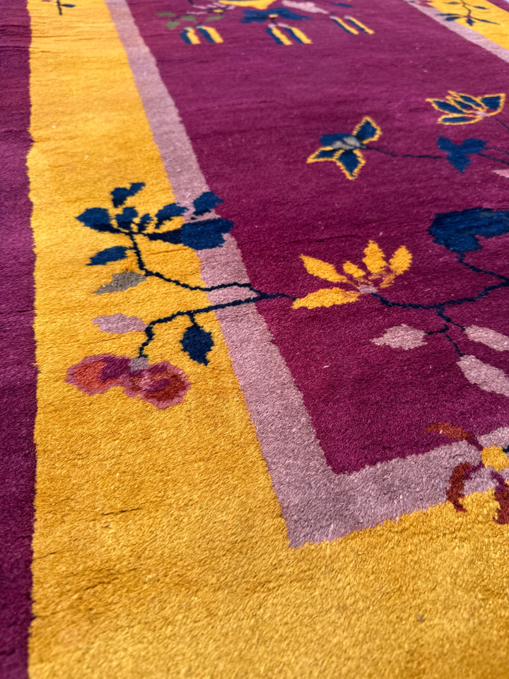 Yellow and Purple Vintage Chinese Art Deco Rug