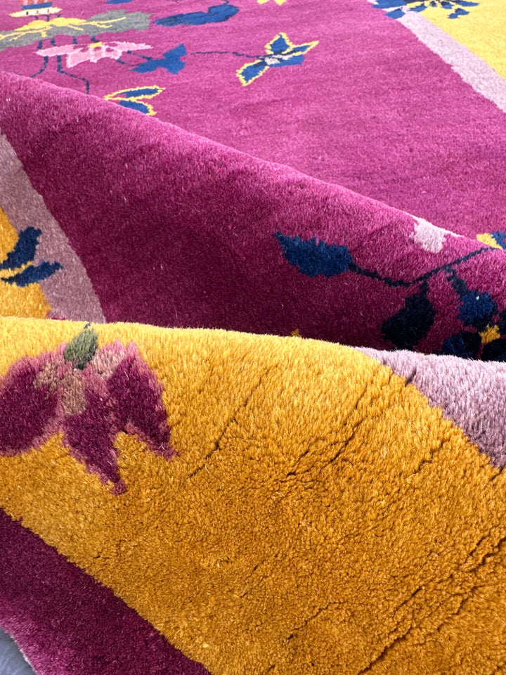 Yellow and Purple Vintage Chinese Art Deco Rug