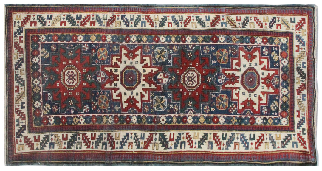 Unique 3x6 antique Caucasian Cuba tribal rug in blue, red, and white from a trusted dealer with over 45 years of experience.
