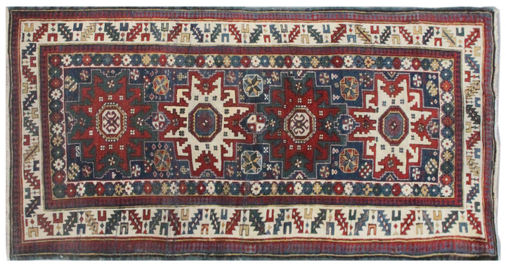 Unique 3x6 antique Caucasian Cuba tribal rug in blue, red, and white from a trusted dealer with over 45 years of experience.