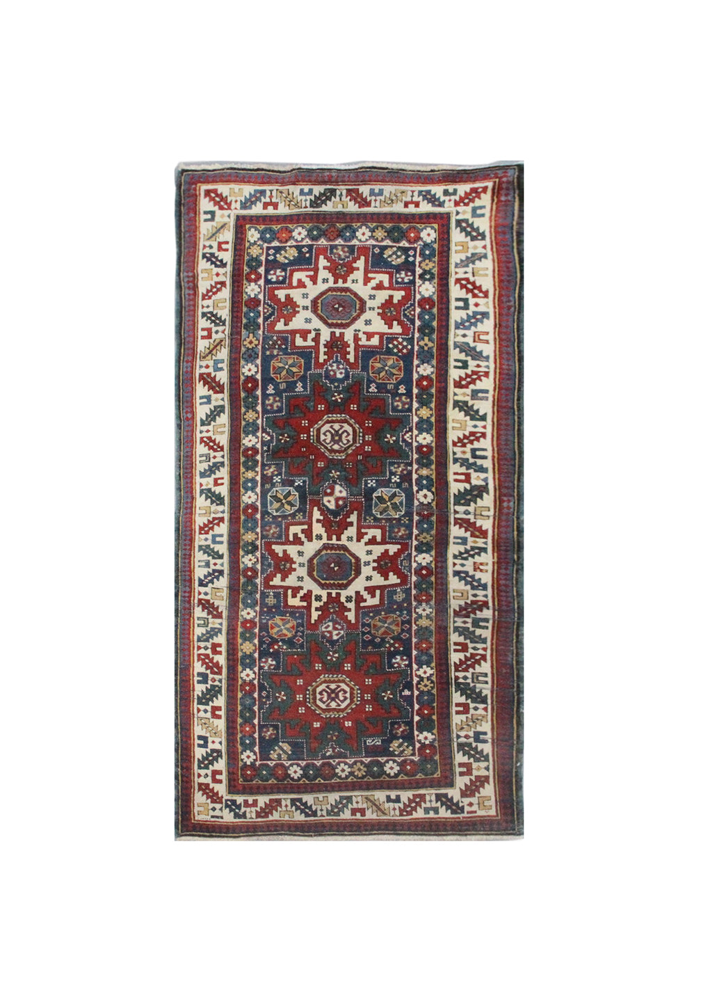 Unique 3x6 antique Caucasian Cuba tribal rug in blue, red, and white from a trusted dealer with over 45 years of experience.