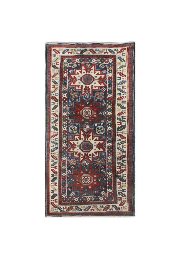 Unique 3x6 antique Caucasian Cuba tribal rug in blue, red, and white from a trusted dealer with over 45 years of experience.