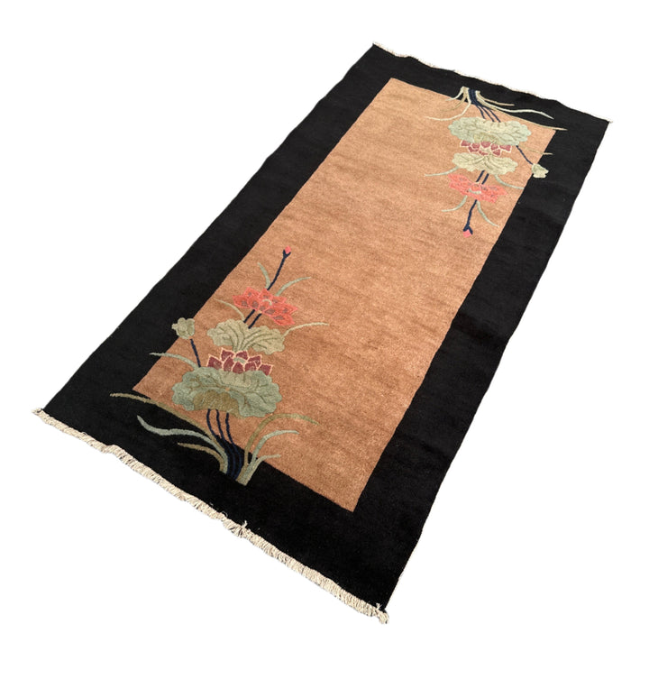 3'x6' Small Black & Brown Chinese Art Deco Rug