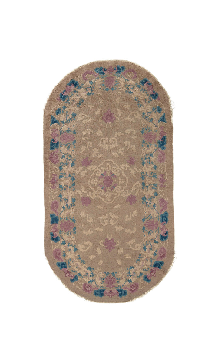 3'x6' Small Oval Brown Floral Vintage Chinese Art Deco Rug