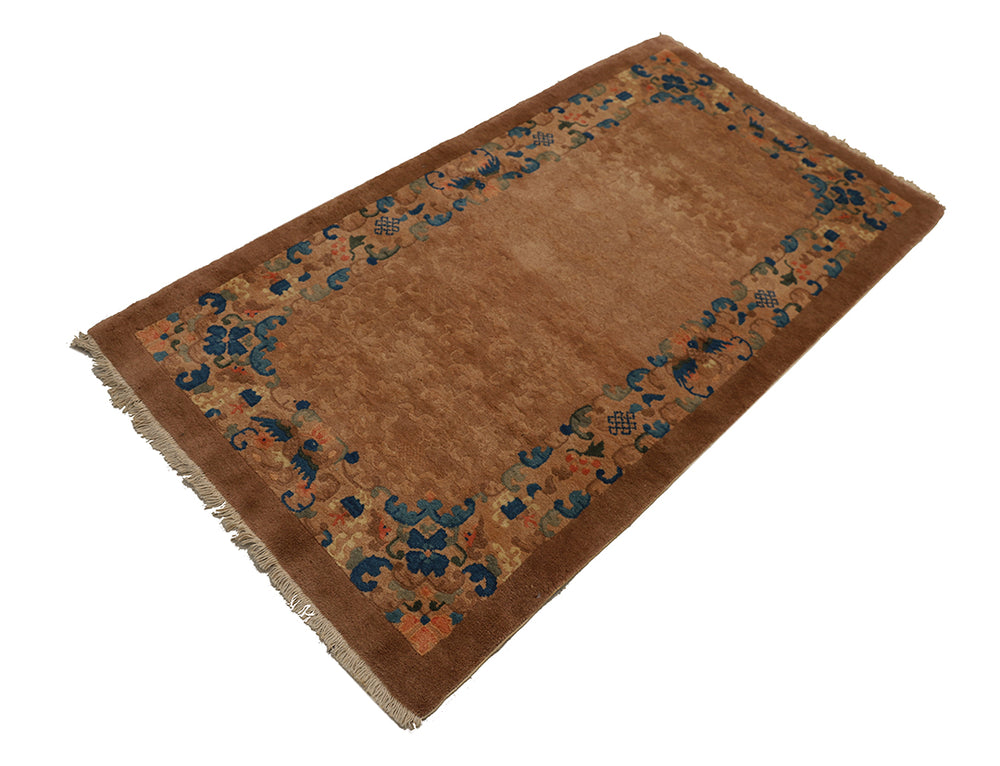 3'x6' Vintage Chinese Art Deco Rug | Camel Floral Area Rug