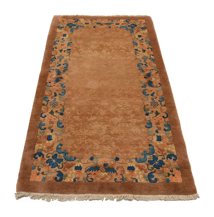 3'x6' Vintage Chinese Art Deco Rug | Camel Floral Area Rug