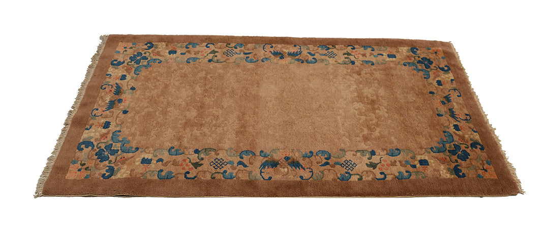 3'x6' Vintage Chinese Art Deco Rug | Camel Floral Area Rug