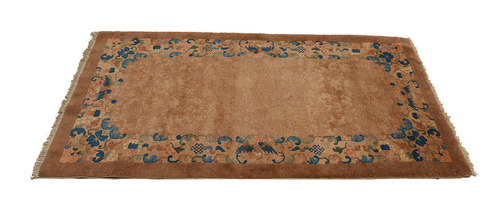 3'x6' Vintage Chinese Art Deco Rug | Camel Floral Area Rug
