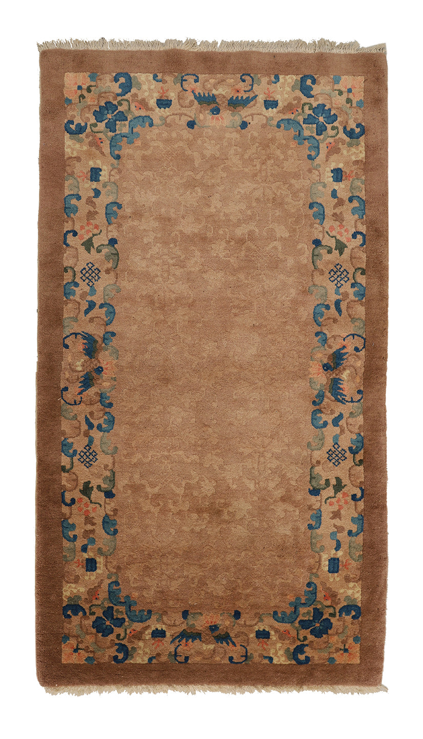 3'x6' Vintage Chinese Art Deco Rug | Camel Floral Area Rug